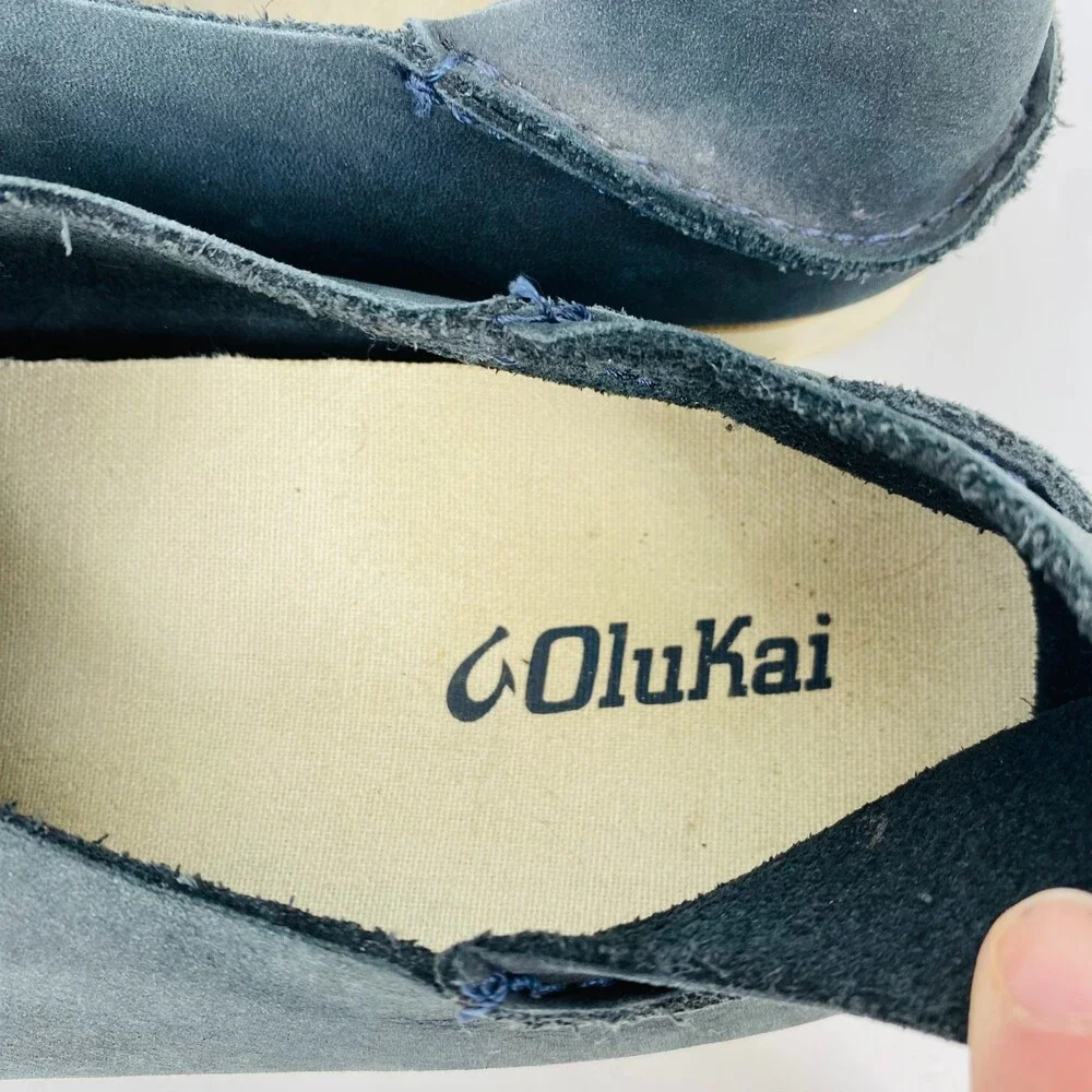 Olukai Navy Gray Leather Boat Shoes Men’s 9 Slip On Casual Deck Loafers